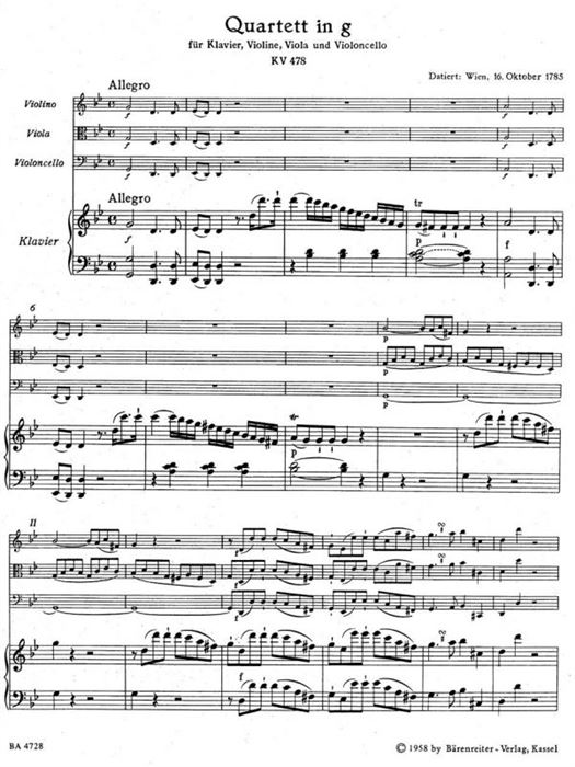 Quartet for Piano, Violin, Viola and Violoncello G minor K. 478